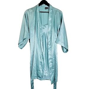 Apt. 9 Womens Nightie Robe Gown Set Large Teal‎ Polka Dot Silky Sleepwear 2 Pc